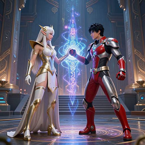 CGI fantasy scene: Elf woman in white-gold armor and white hair faces armored man in red and silver, both holding glowing blue magical staffs