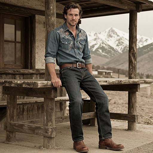 Photograph of a handsome, bearded man with dark hair, wearing a blue denim shirt, dark jeans, and brown boots, sitting on a wooden
