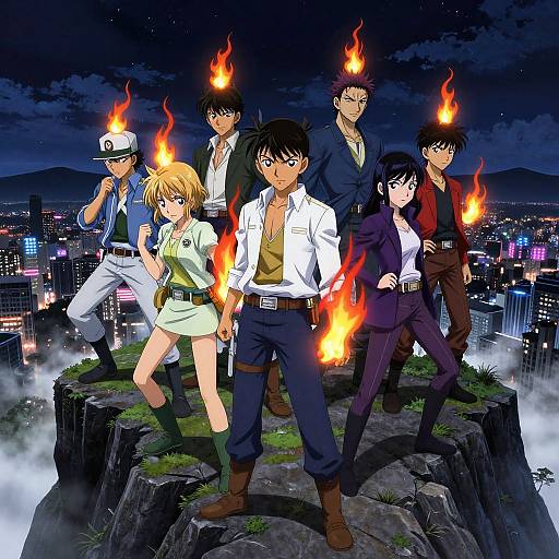 Anime-style illustration of six characters with flames emerging from their hands, standing on a rooftop at night with a cityscape background. Each wears different outfits,