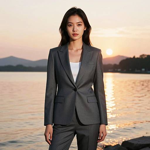 Confident Woman in Gray Suit by Lake at Sunset