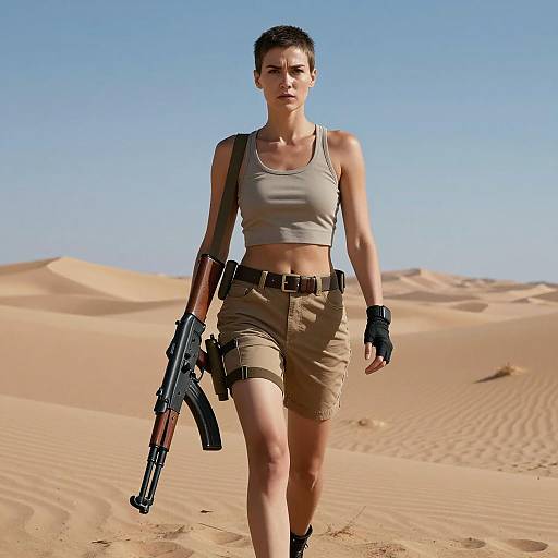 Woman with AK-47 Walking in Desert