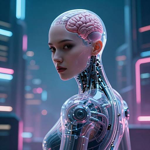 CGI image of a sleek, cybernetic woman with a transparent, mechanical body and exposed brain, standing in a neon-lit futuristic cityscape