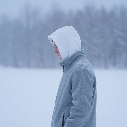 Photograph of a man in a white hood and gray jacket, standing in a snowy landscape with a blurred forest background.