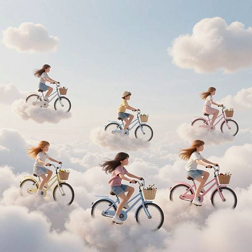 Six girls with long hair ride colorful bicycles on fluffy clouds against a bright blue sky, each with a basket. Digital art.