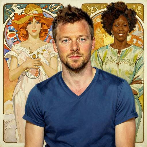 Digital art portrait of a bearded white man in a blue shirt, flanked by vibrant, stylized illustrations of a red-haired woman and a dark