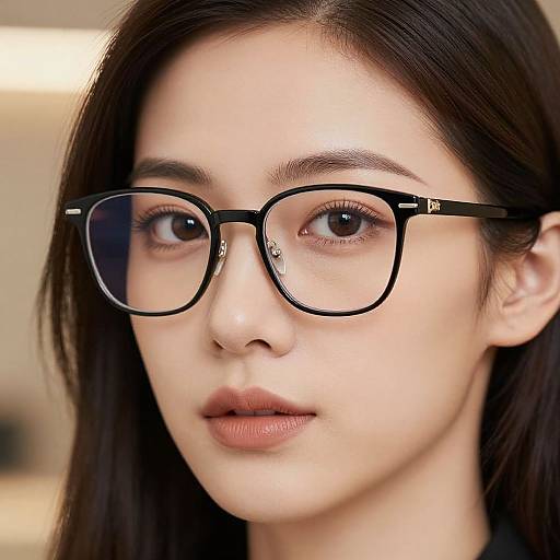 Close-up photograph of a young woman with fair skin, dark brown hair, and brown eyes, wearing black rectangular glasses, with soft natural makeup and a