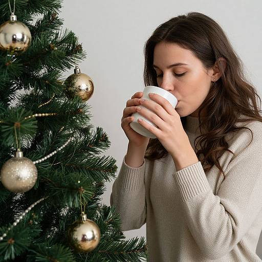 Photograph of a woman with long brown hair, wearing a beige sweater, sipping from a white mug beside a decorated Christmas tree with gold ornaments.