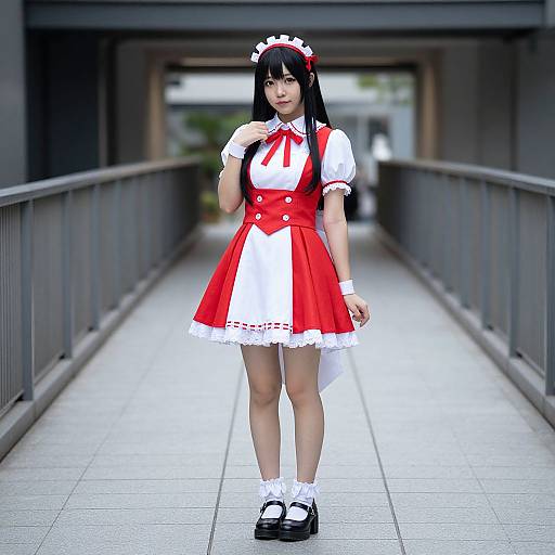 Photograph of an Asian woman in a red and white French maid outfit, standing on a concrete pathway under a bridge.