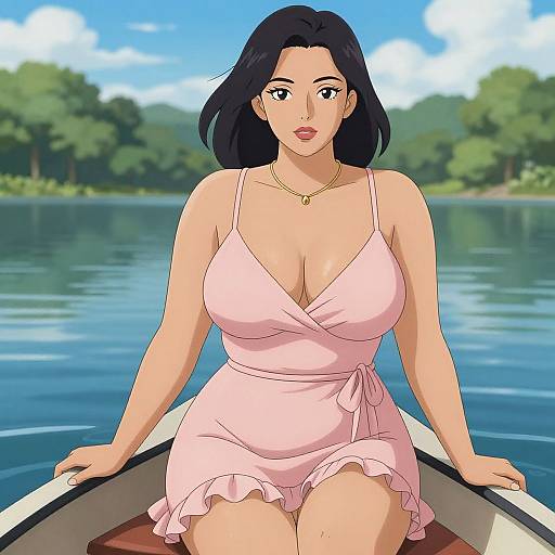 Digital anime-style drawing of a curvy woman with black hair, large breasts, wearing a pink sundress, sitting in a boat on a calm lake