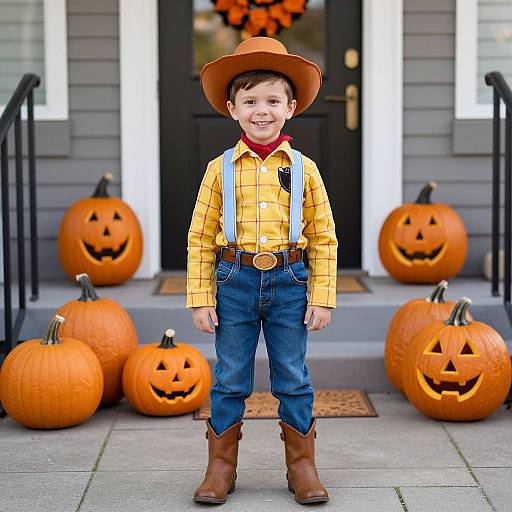 Photograph of a smiling young boy in a yellow cowboy shirt, blue jeans, brown boots, and orange hat, standing in front of a house with
