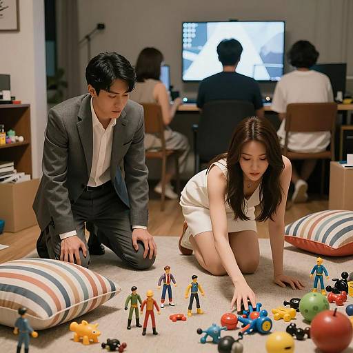 Young Adults Playing with Action Figures Indoors