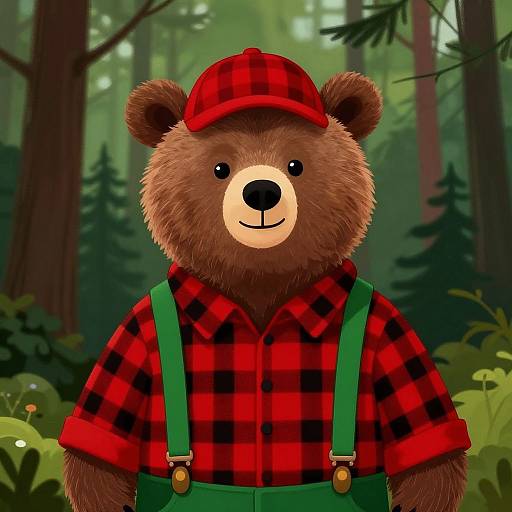 Digital illustration of a friendly brown bear wearing a red plaid shirt, green overalls, and a matching red plaid hat in a forest.