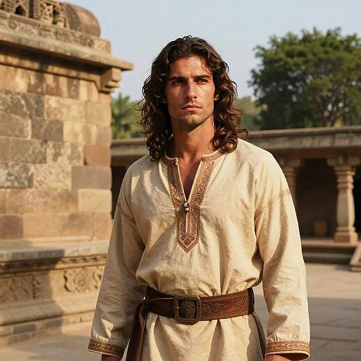 Photograph of a muscular, dark-haired man with long curls, wearing a beige, embroidered tunic and brown belt, standing in front of ancient stone