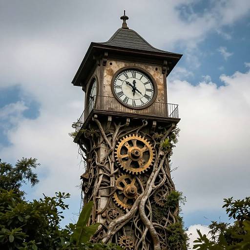 Photograph of a rustic, clock-tower structure with exposed gears, vines, and a black roof against a blue, cloudy sky.