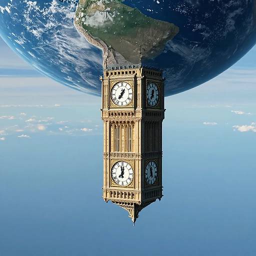 Digital artwork: The London Big Ben clock tower floating in space, with Earth's curved surface and blue sky in the background.