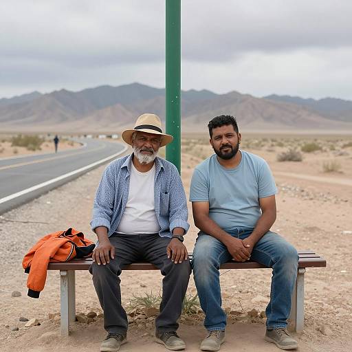 Two Men Sitting on Bench in Desert Landscape