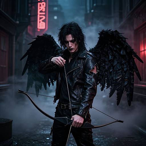 Dark-haired, winged archer in black leather armor stands in misty, neon-lit alley, holding bow, with 