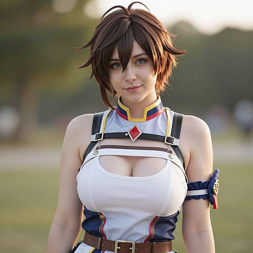 Photograph of a woman cosplaying as Squall Leonhart from Final Fantasy VIII, with short brown hair, large breasts, white tank top, harness