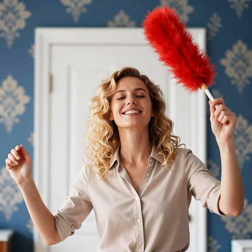 Cheerful Blonde with Feather Duster