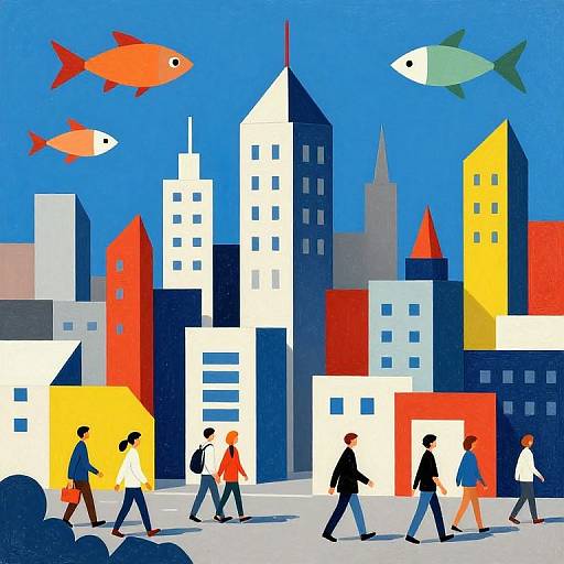 Geometric digital illustration of diverse pedestrians walking past colorful, abstract city skyscrapers with large, stylized fish in bright blue sky.