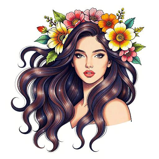 Woman with Flowing Hair and Floral Crown Illustration