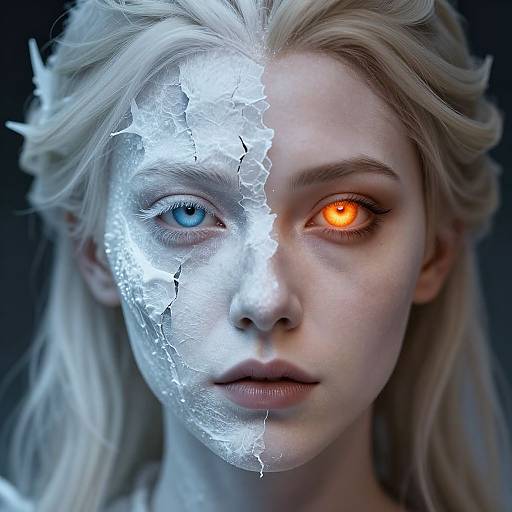 Photorealistic CGI of a fair-skinned woman with split face: left side cracked white, blue eye; right side glowing orange, red eye.