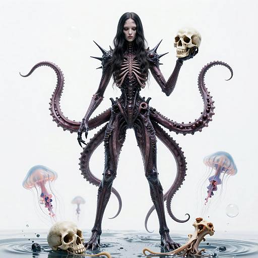 Digital artwork: Dark, skeletal humanoid with multiple tentacles, holding skulls, surrounded by jellyfish, and bones in water, white background.