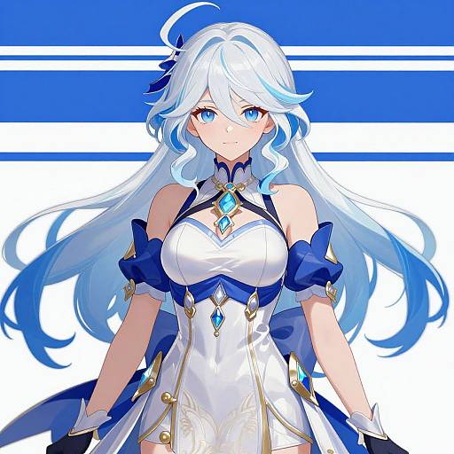 Digital anime-style drawing of a white-haired, blue-eyed woman with large breasts in a white and blue ornate dress, set against a blue and white