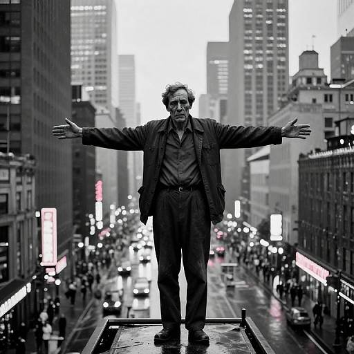 Photograph: Black-and-white statue of an elderly man with outstretched arms stands on city street, surrounded by bustling, illuminated skyscrapers.