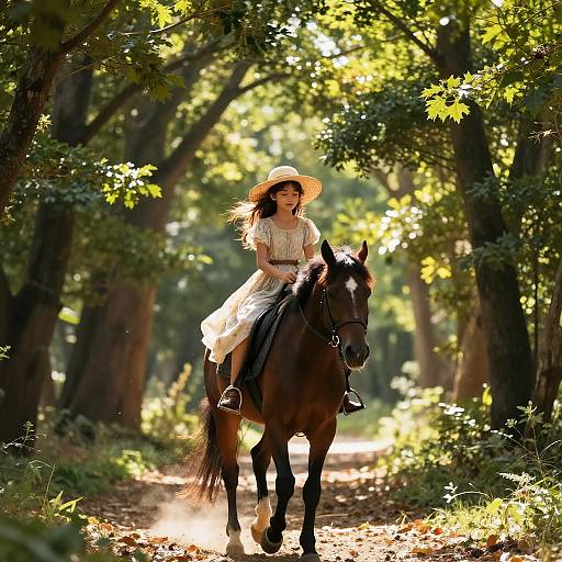 Young Girl Riding Horse in Sunlit Forest