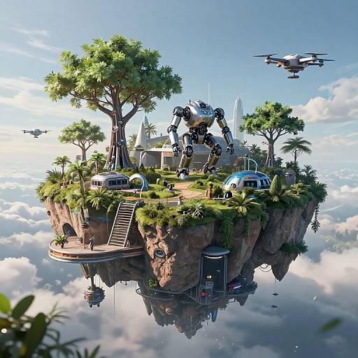Futuristic Floating Island with Robots