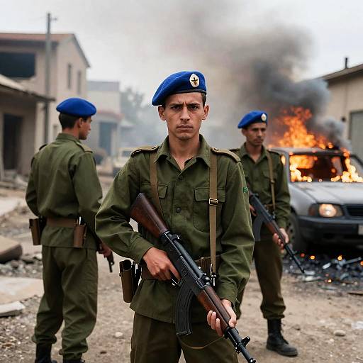 Intense Soldiers in War-Torn Street
