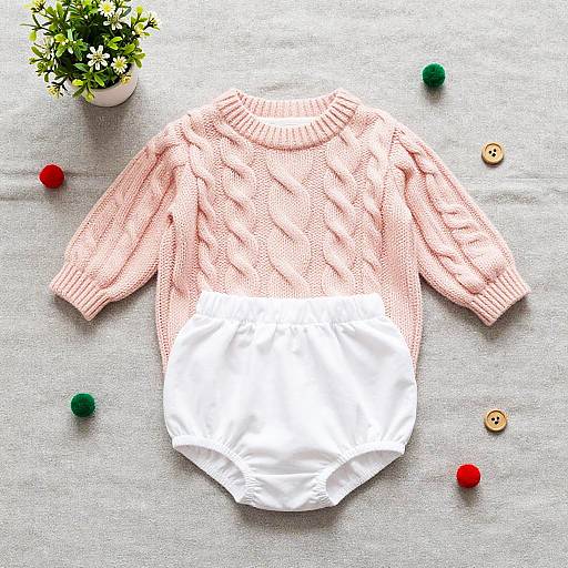 Photograph of a pink knit sweater with white insert, placed on gray fabric, surrounded by green and red pom-poms, a potted plant,