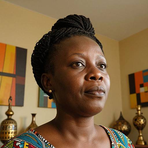Photograph of a smiling African woman with short braided hair, wearing a colorful patterned dress, against a beige wall with abstract art and brass v