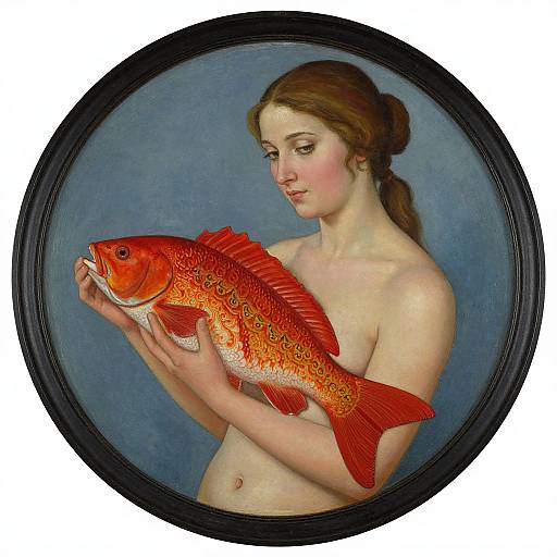 Painted portrait of a topless, fair-skinned, brown-haired woman holding a large, vividly colored red-orange fish against a blue background,