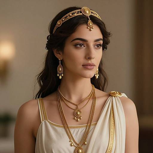 Photograph of a beautiful woman with dark hair, wearing a gold headpiece and jewelry, in a white, gold-trimmed ancient Greek-style dress