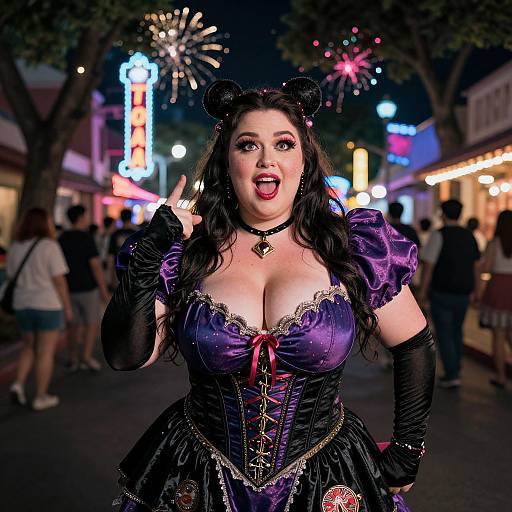 Photograph of a curvy woman in a revealing purple and black corset, cat ears, and gloves, posing excitedly on a neon-lit