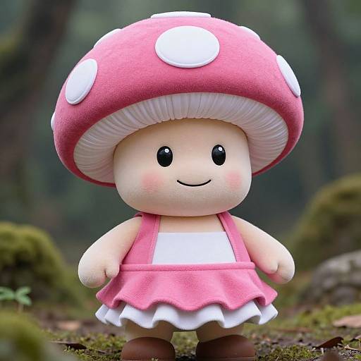 Photograph of a plush Toadette doll with a pink mushroom hat, pink dress, white trim, and smiling face, standing on mossy forest