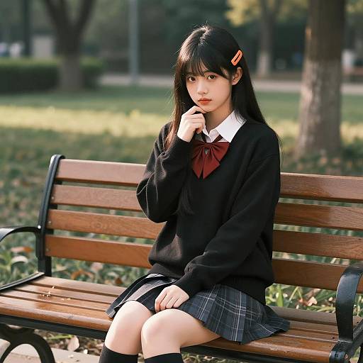 Asian Girl in Park with Orange Hairclip