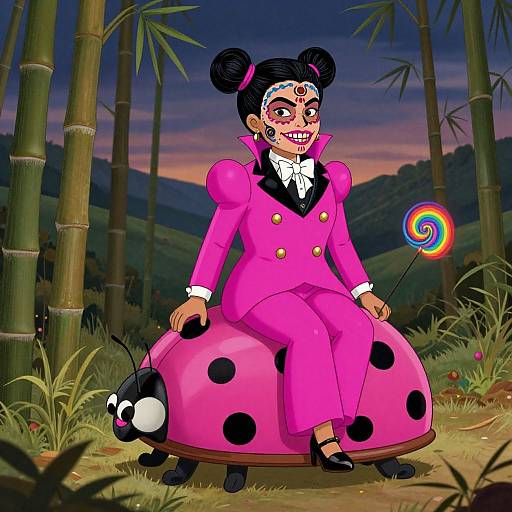 Digital illustration of a woman with black hair in pink polka-dot suit, sitting on a pink mushroom, holding a rainbow lollipop, in a bamboo