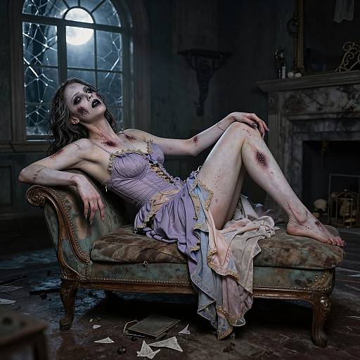 Photograph-style digital art: Blood-streaked, undead woman in tattered lavender gown reclines on vintage chaise, dark, eerie room,