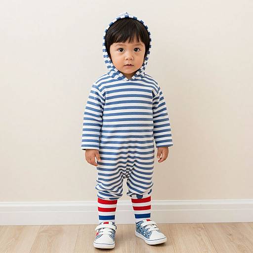 Photograph of an Asian toddler with short black hair, wearing a blue and white striped onesie, red and blue striped leggings, and white sneakers,