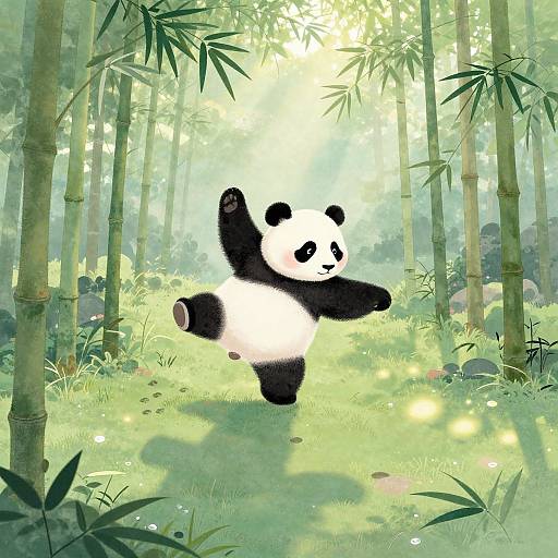Digital illustration of a cute, black-and-white panda joyfully dancing in a sunlit bamboo forest with glowing fireflies and lush greenery.