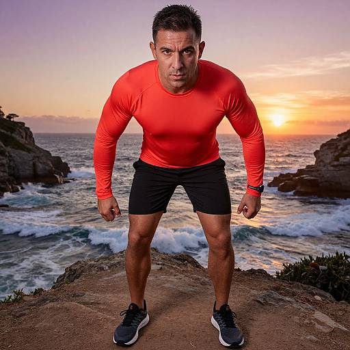 Photograph of a muscular man with short dark hair, wearing a bright red long-sleeve shirt, black shorts, and black sneakers, standing on