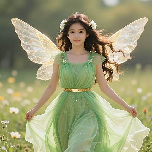 Young Woman in Green Dress with Fairy Wings