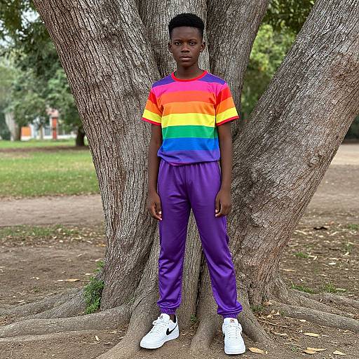 Photograph of a young Black boy standing against a tree, wearing a rainbow-striped shirt and purple pants, with white sneakers. Park background.