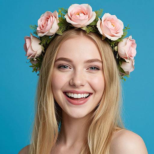 Joyful Blonde Woman with Rose Wreath