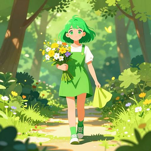 Anime-style digital illustration of a green-haired girl in a green dress and white shirt, holding a colorful bouquet, walking through a sunlit, vibrant forest