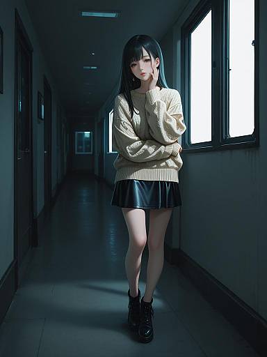 Digital anime-style photograph of a pale-skinned, black-haired girl in a beige sweater, black skirt, and black sneakers, standing in a dimly