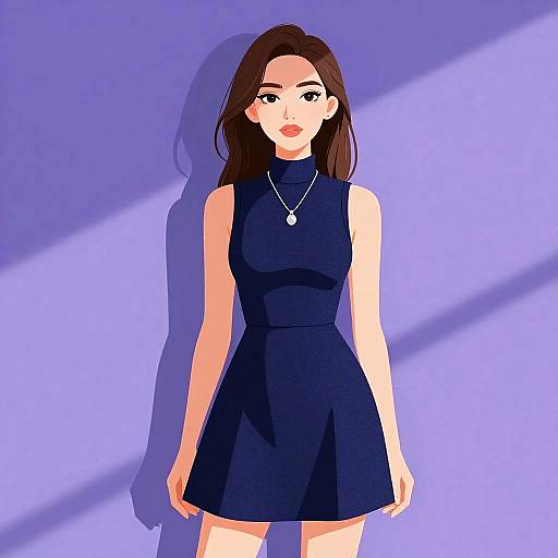 Digital anime-style drawing of a fair-skinned woman with long brown hair, wearing a sleeveless navy dress, necklace, and standing against a purple background